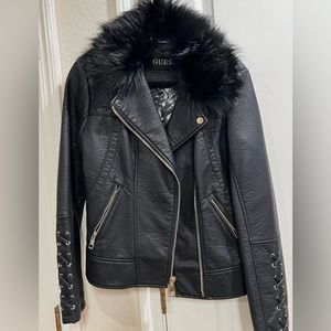 GUESS Wilsons Leather Touch & Faux Fur Collar Biker Jacket -Black Size M
